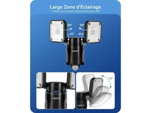 Projecteur exterieur led sans fil 800 lm 6000k pir ip44 2 tetes rotatives