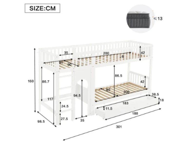 Lit superposé enfant 90×200, échelle 4 marches, garde-corps, pinmdf, blanc - Conforama C