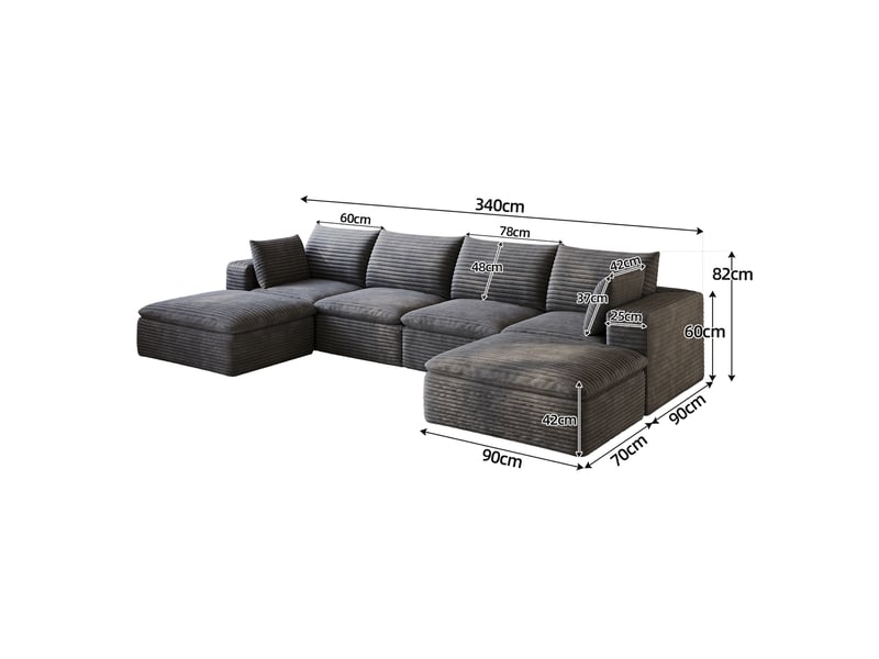  Canapé modulable 6 places en velours côtelé gris foncé W3428S00010 - Conforama C