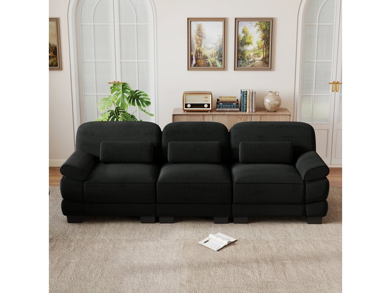  Canapé droit 3 places modulable, structure robuste, assise profonde et spacieuse, cordon cord doux et confortable, noir, pour se détendre au salon  - Conforama D