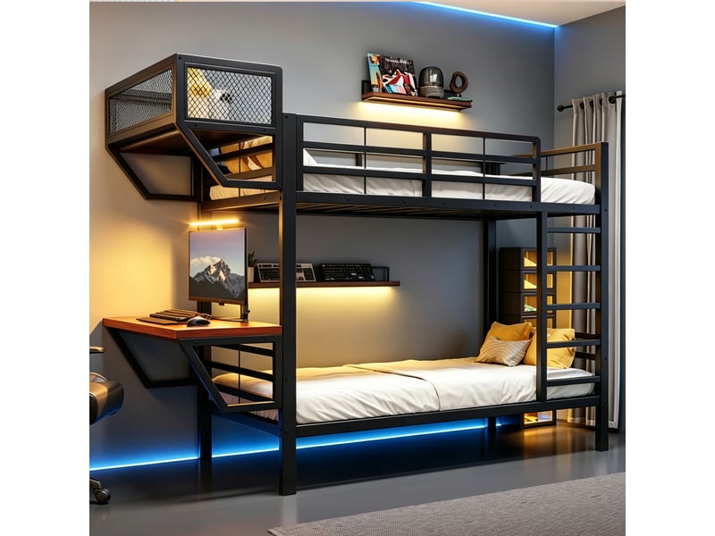 Lit superposé 90 x 200 cm avec bureau, étagères et sommier à lattes, gain de place pour enfant, ado et adulte, métal et bois, noir OMNIGLINT TRADING LTD - Conforama B