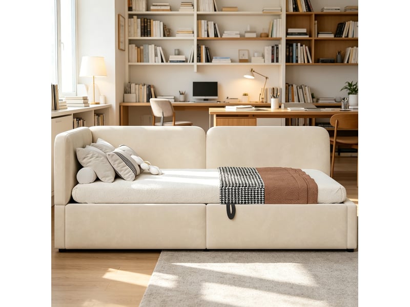 Lit coffre 90x200 cm en velours beige avec rangement hydraulique - Conforama B