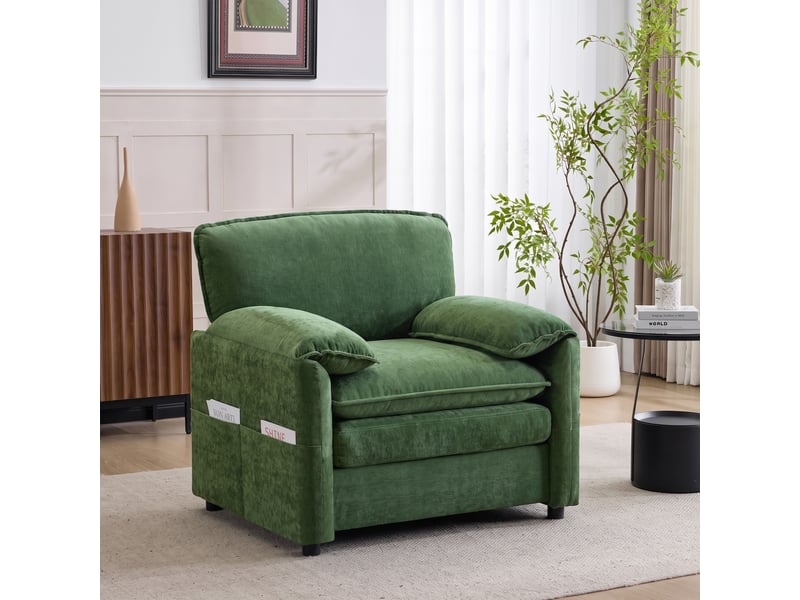  Fauteuil avec poches de rangement  - assise profonde, velours chenille vert foncé 96 × 92 × 90 cm  - Conforama B