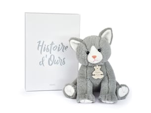 Peluche bebe chat gris avec boite