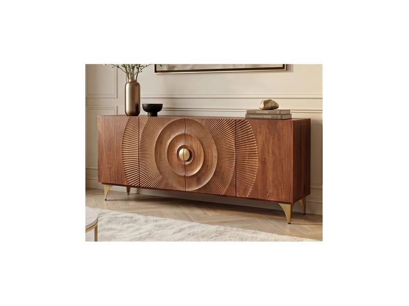 Buffet solaris 177 cm en bois massif de manguier – 4 portes sculptées motif solaire et pieds dorés - Conforama B