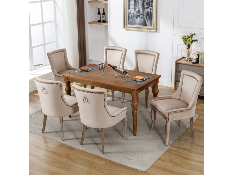  Lot de 6 chaises en velours coloris beige avec pieds en bois massif  - Conforama D