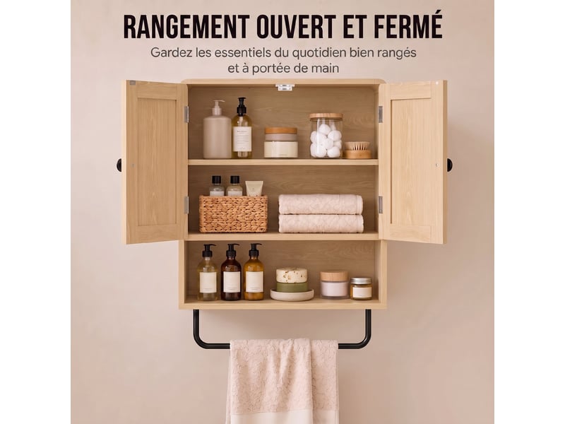  Armoire murale de salle de bain, meuble de rangement suspendu avec 2 portes, porte-serviettes, étagère ouverte, chêne  - Conforama A