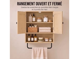 Armoire murale de salle de bain, meuble de rangement suspendu avec 2 portes, porte-serviettes, étagère ouverte, chêne
