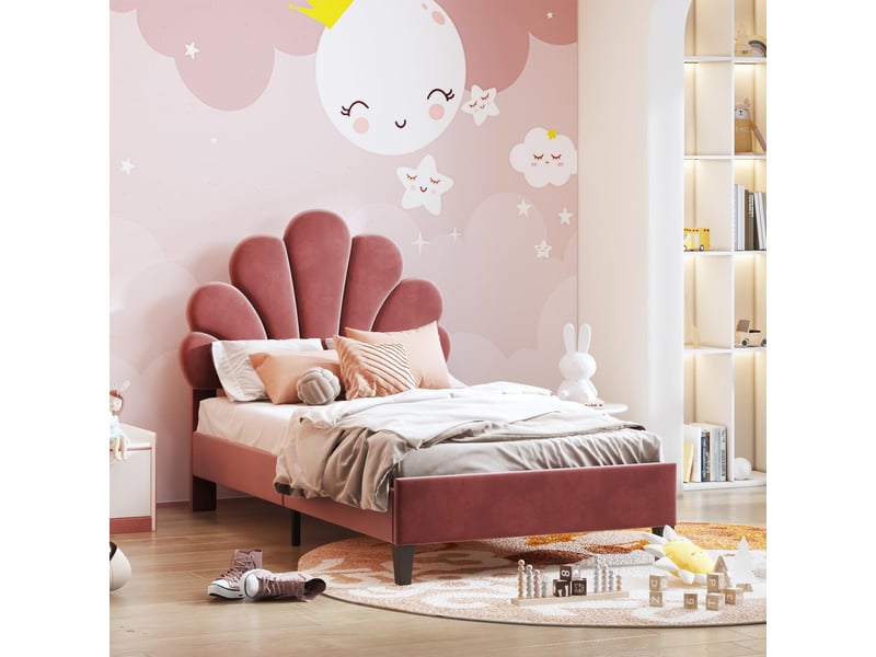  Lit enfant et lit simple 90x200 cm avec tête de lit fleur réglable et sommier à lattes, velours bordeaux, sans matelas  - Conforama B