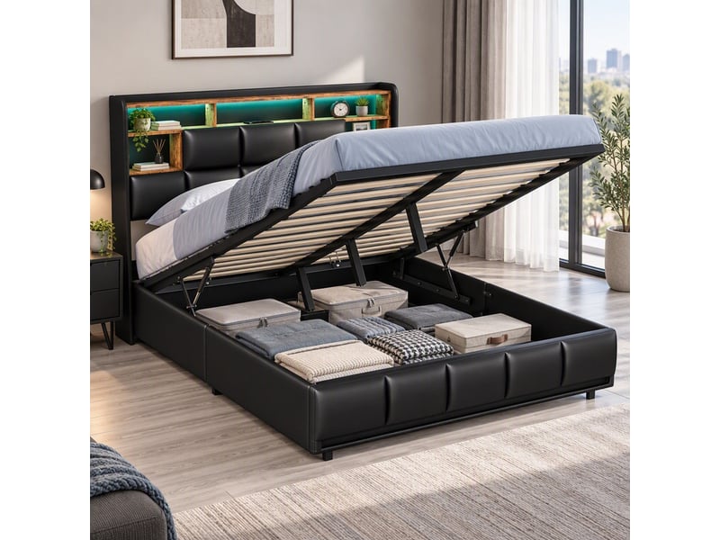 Lit coffre 2 places 140x200 cm avec rangement, lit adulte, 5 niches, minimaliste moderne, led, port usb, pu noir - Conforama B