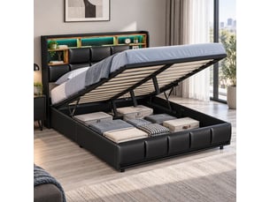 Lit coffre 2 places 140x200 cm avec rangement, lit adulte, 5 niches, minimaliste moderne, led, port usb, pu noir