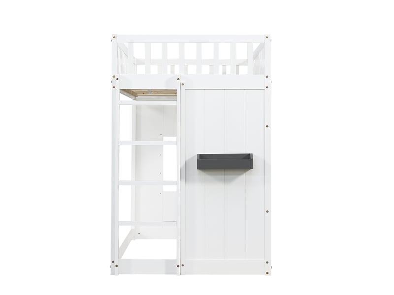  Lit superposé 90x200 cm en pin et mdf blanc, escalier, garde-corps, fenêtre, sans matelas  - Conforama D