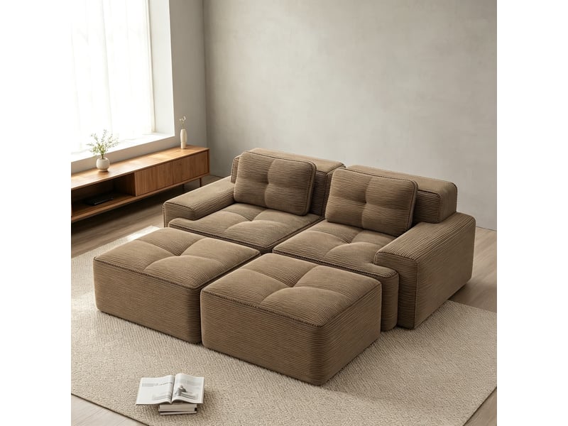  Canapé modulable en u avec poufs, toucher côtelé et confort généreux, sans montage, 69 × 204 × 177 cm, marron  - Conforama D