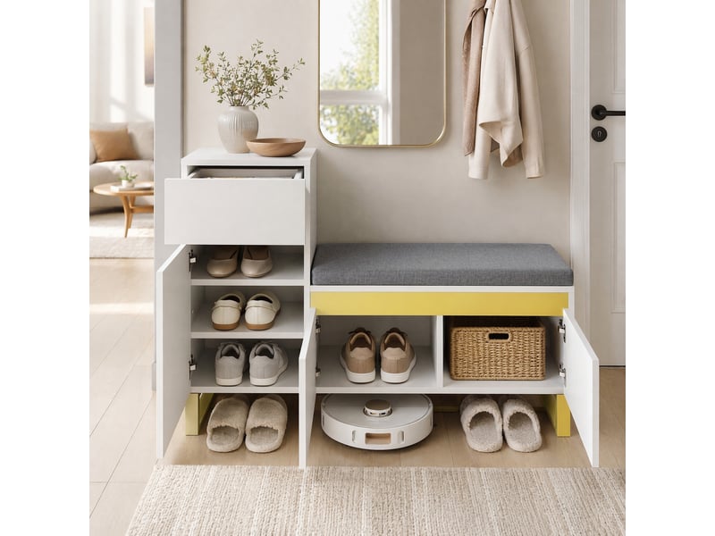 Meuble à chaussures avec 2 portes, 1 tiroir et banc rembourré, rangement d'entrée en mdf, blanc, 120 × 35 × 85 cm - uvrion - Conforama B