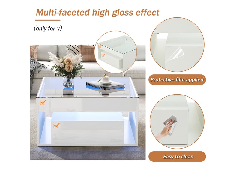  Table basse, avec éclairage led, avec 2 tiroirs, 70 x 70 x h 35 cm, blanc, plateau en verre trempé, structure en mdf, style moderne, pour votre salon Luxe haut de gamme - Conforama D