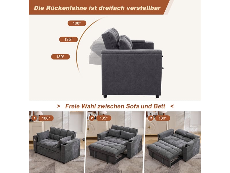  Canapé convertible 2 places 140,5 x 74 x 82 cm, dossier 3 positions, table cachée pivotante, usb-c, porte-gobelets, rangement, tissu gris au salon  - Conforama E