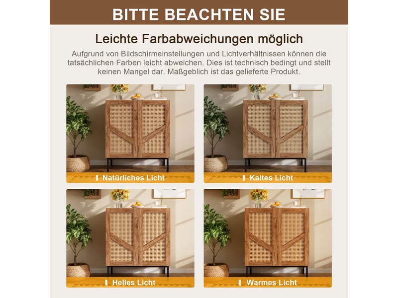  Buffet 70 cm rangement à deux portes bahut aspect bois panneaux de particules et rotin pe répartition sur trois niveaux deux étagères réglables en hauteur double protection anti-basculement  - Conforama E