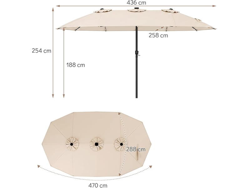 Parasol à 12 baleines (beige, 4,36 x 2,58 m, led, pied non inclus) | parasol rectangulaire avec manivelle, 144 led solaires, 12 modes - Conforama C