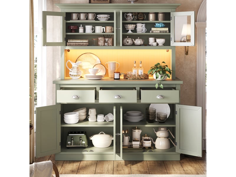  Buffet de cuisine haut 140x40x180 cm buffet vitrine avec 6 portes vitrée, 3 tiroirs étagères réglables, led rgb, vert Seren Glow - Conforama B
