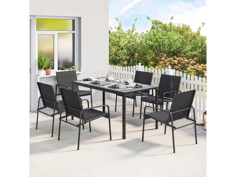 Salon de jardin extérieur pour 6 personnes, table de patio effet bois et chaises avec assise en maille respirante, cadre en acier galvanisé, noir - Conforama C