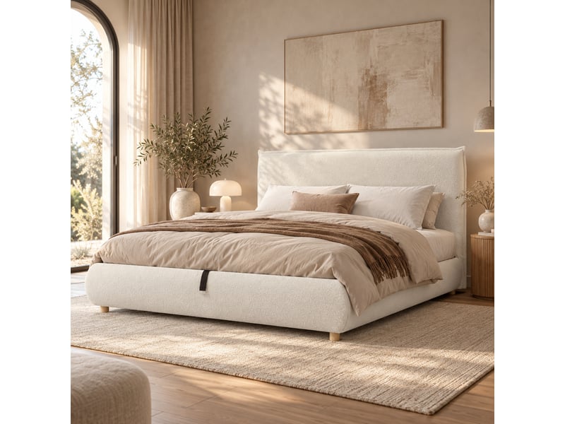  Lit coffre rembourré 180 × 200 cm avec sommier à lattes, bouclé blanc Fay Lum - Conforama E