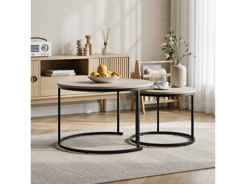  Table basse gigogne ronde 2 pièces gain de place - lpospi - plateaux effet chêne, piètement métal, style moderne - chêne  - Conforama C