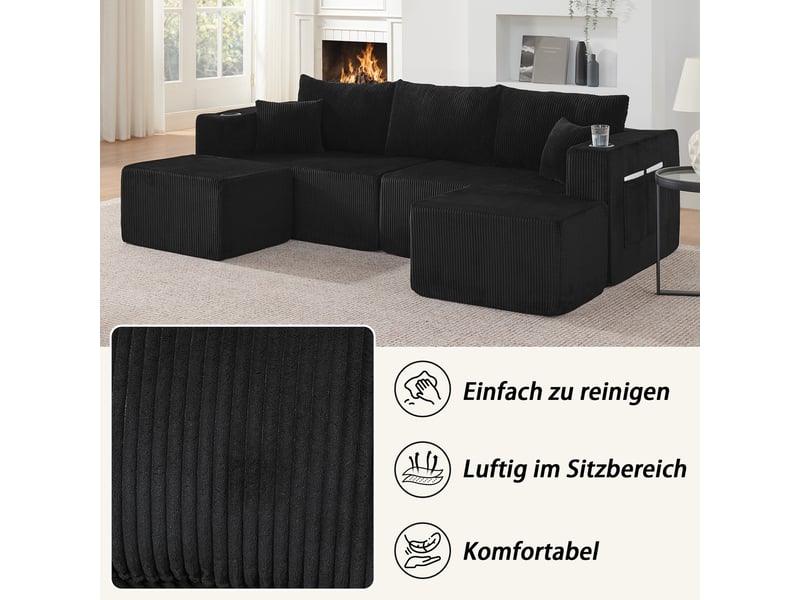  Canapé d’angle modulable 3 places noir en velours côtelé doux avec deux poufs amovibles, porte-gobelets et coussins inclus  - Conforama C