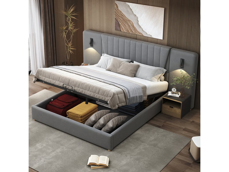  Lit coffre 180x200 cm - avec lampe de lecture et port usb, sans matelas, en velours gris  - Conforama B