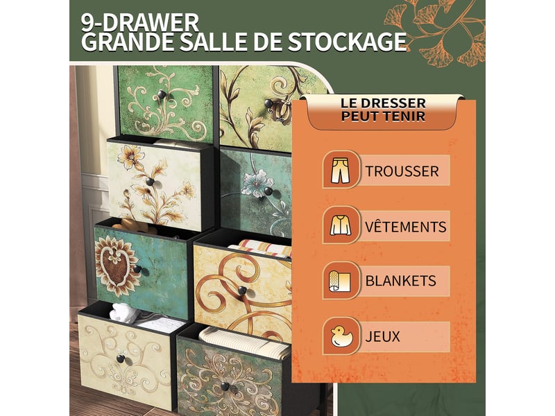  Commode 8 tiroirs, commode de rangement, tissu floral,structure en métal,pour salon, chambre, style bohème,67,5 x 30 x 100 cm  - Conforama E