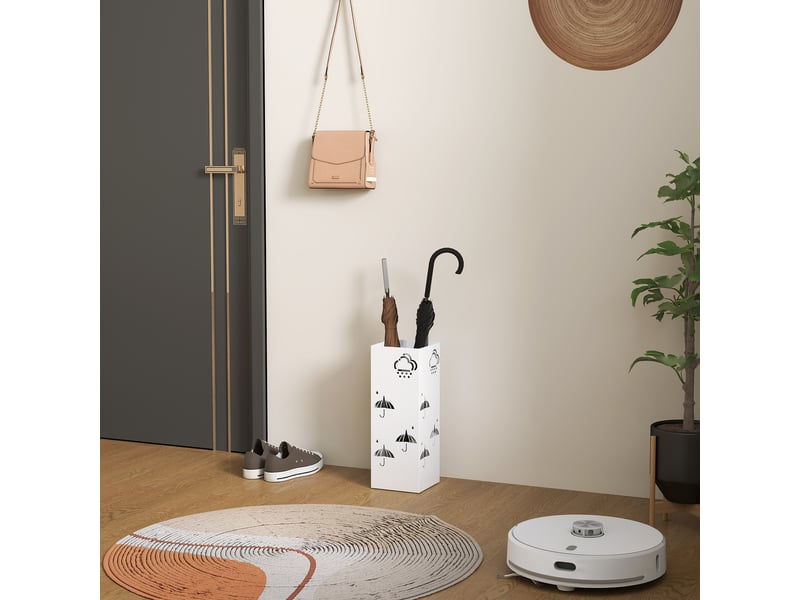  Porte-parapluie en acier avec bac égouttoir, crochets pour parapluies pliants et design décoratif 15,5 x 15,5 x 41 cm blanc  - Conforama C