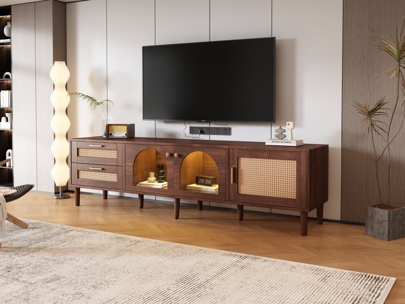 Meuble tv 180 cm pour écran 80 pouces avec led - 2 tiroirs rotin et portes verre - Conforama R