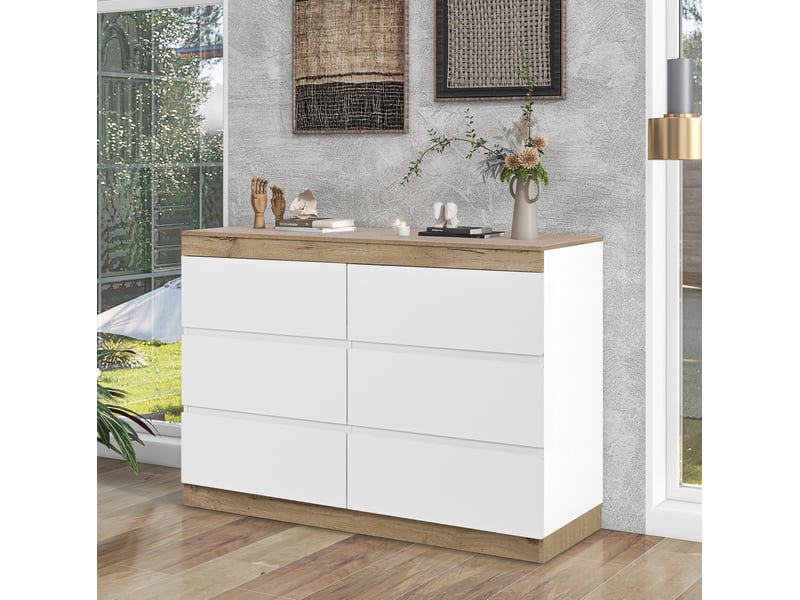  Commode 6 tiroirs 110x40x67,5 cm, style classique, panneau de particules, blanc et chêne, grande capacité de rangement  - Conforama E