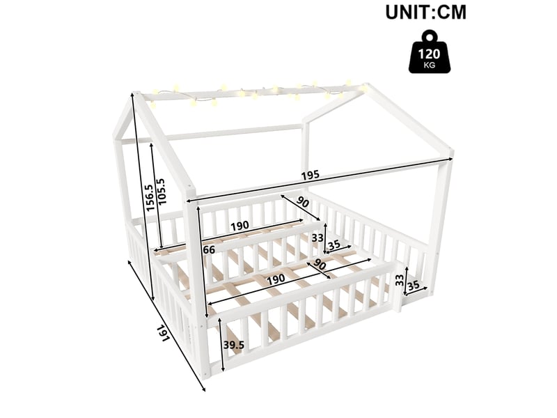  Lit enfant 90x190x156,5cm avec barrières en pin et mdf blanc, sans matelas, style minimaliste avec led ORFRN636P382007K - Conforama C