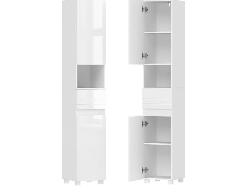  Colonne de salle de bain étroite en bois blanc brillant avec étagères réglables, 30 x 30 x 170 cm  - Conforama A
