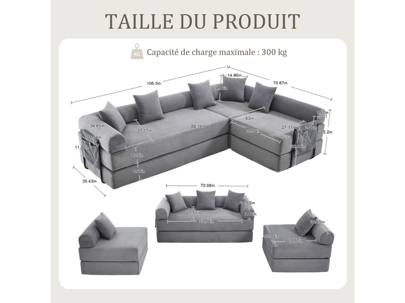  Canapé modulable gris foncé en velours côtelé 270x180x64 cm, compressé, avec poche de rangement, salon W2845S00495 - Conforama C