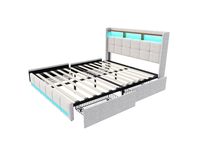 Lit double rembourré 140x190 cm avec sommier et 4 tiroirs, lit 2 personnes avec rangement et tête de lit, led et usb, lin beige - Conforama W