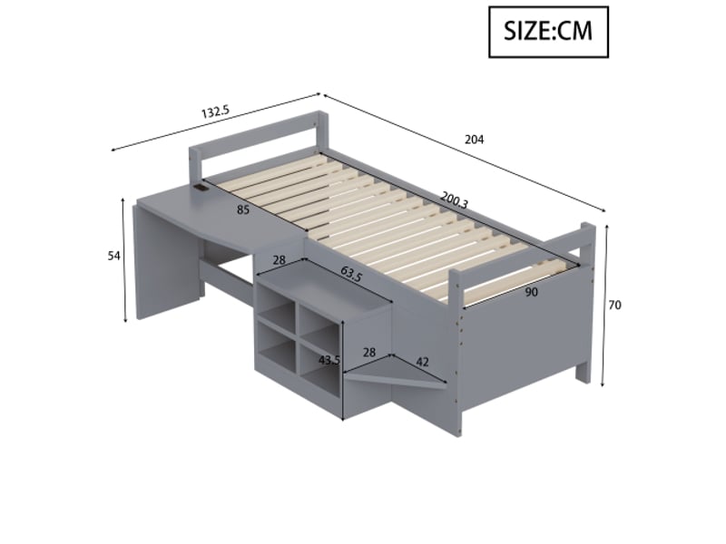 Lit pour enfant 90 × 200 cm avec espaces de rangement et bureau (prises aux normes européennes) – lit simple en bois, gris. - Conforama C