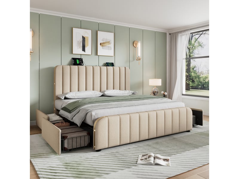  Lit avec rangement 180x200 - lit rembourré avec fonction usb type-c et 4 tiroirs - lin - sans matelas - beige  - Conforama D