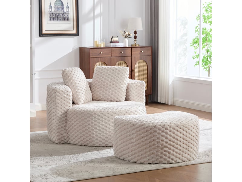 Fauteuil 1 place en tissu pelucheux beige avec repose-pieds - 130 x 115 x 84 cm - Conforama C