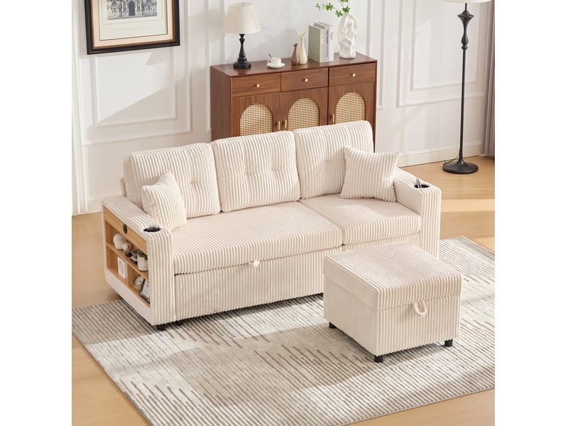  Canapé 3 places rangement 196x82–144x85cm coussins douillets lumières led prise usb‑c intégrée velours côtelé beige  - Conforama B