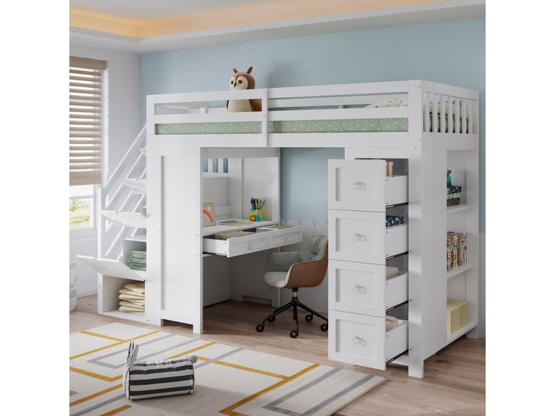  Lit mezzanine enfant, lit simple 90×200 cm, bureau, 6 tiroirs et étagères - okmyhome- blanc, sans matelas  - Conforama C