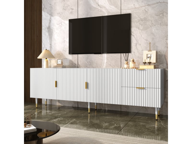  Meuble tv avec tiroirs, portes et étagères, poignées dorées, pieds réglables – design élégant  - Conforama B