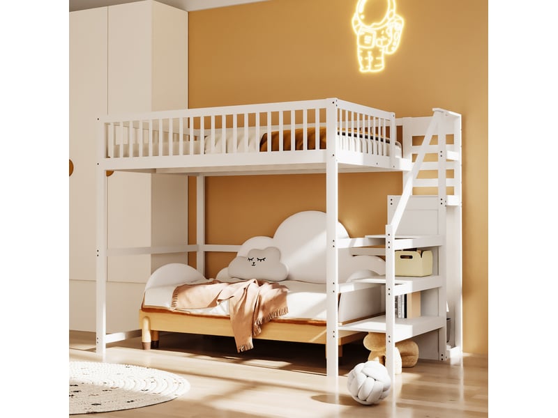  Lit mezzanine enfant 140 x 200 cm blanc avec escalier et rangement  - Conforama D