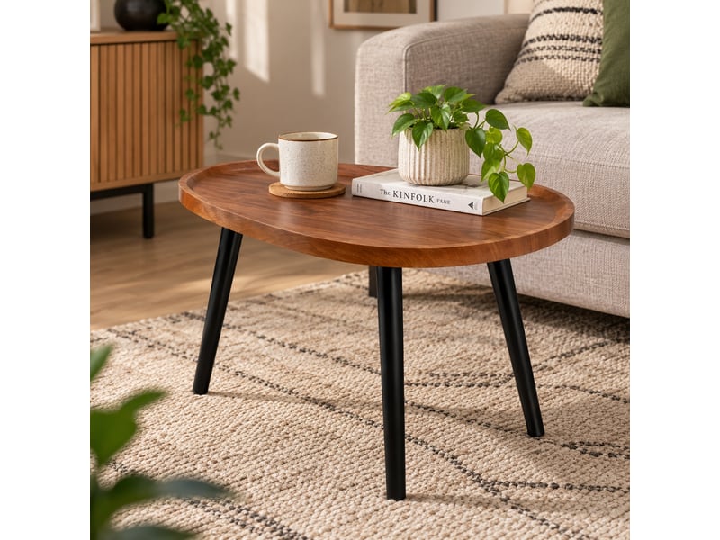 Table basse organique en mdf effet noyer à bord surélevé et 3 pieds en pin noir,forme haricot - longueur 60 x profondeur 40 x hauteur 39 cm  - Conforama B
