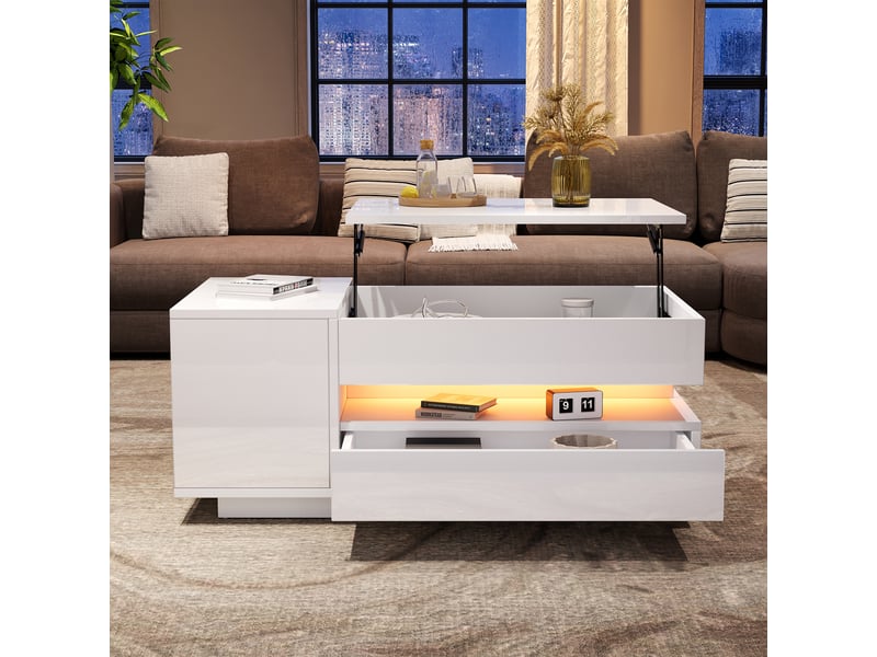  Table basse relevable blanche 95x50cm, table de salon avec led et plateau hydraulique, table basse avec rangement caché  - Conforama B