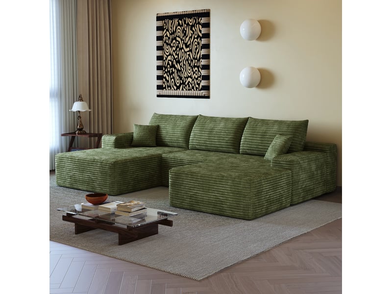 Canapé d'angle modulaire 4 places en velours côtelé vert, méridienne en l, assise profonde et sans montage - Conforama B