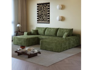 Canapé d'angle modulaire 4 places en velours côtelé vert, méridienne en l, assise profonde et sans montage