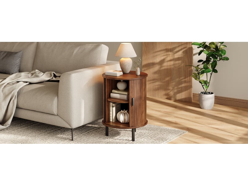  Bout de canapé rond 48 x 48 x 65 cm avec porte coulissante, rangement 2 niveaux, décor noyer  - Conforama D