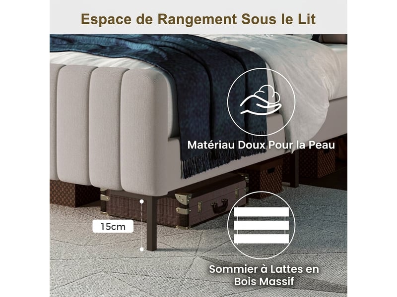  Lit double 160x200 gris beige en lin capitonné avec sommier et tête de lit réglable, sans matelas  - Conforama D