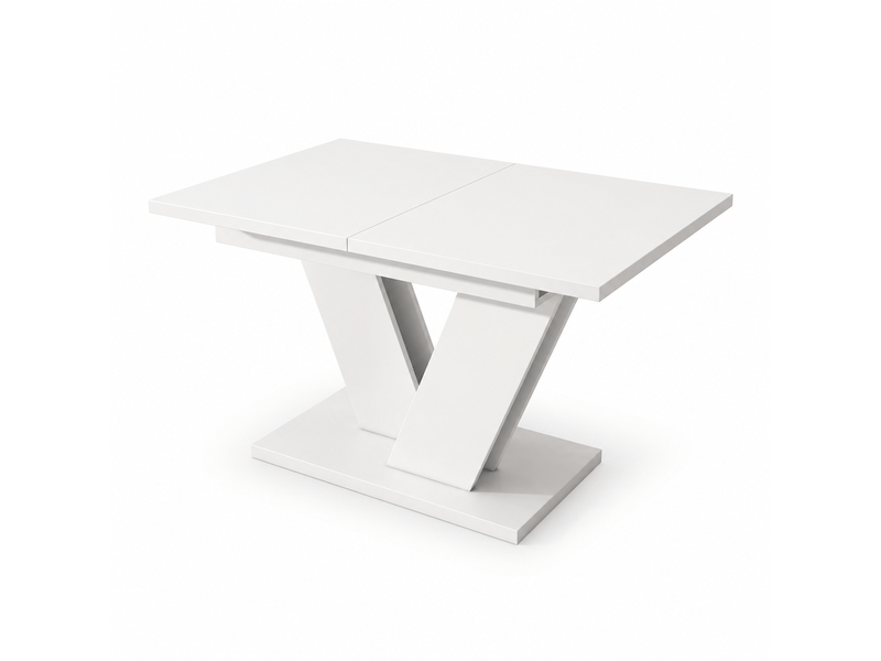  Table à manger rectangulaire extensible blanche en mdf 120-160 cm, 4 à 8 couverts, piètement en v design pour salle à manger  - Conforama A